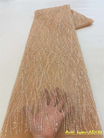 Image of Beaded Lace Fabric 5 Yards Dubai Hand Beaded Tulle Lace Fabric Embroidered Applique African Nigerian-FrenzyAfricanFashion.com