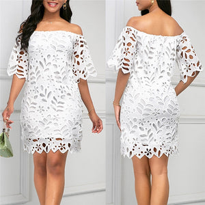 Elegant Women Summer Solid Color Pencil Dress Hollow Out Design Lace Decor See Through Slash Neck Half Sleeve Slim Mini Dress