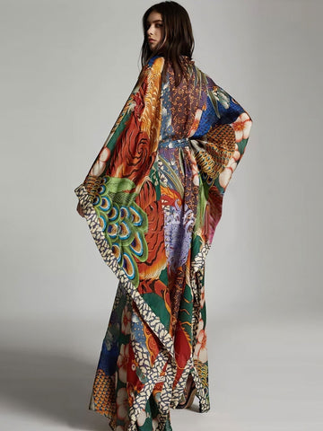 Image of Autumn Bohemian Printed Belted Long Kimono Tunic Vintage Plus Size Clothes Women Batwing Sleeve Maxi Dresses-FrenzyAfricanFashion.com