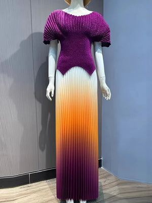 Women Party Pleated 2 Pieces Set Gradient Women Fashion V Neck Short Batwing Sleeves Irregular Hem Long Skirt