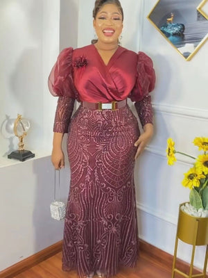 Plus Size African Party Long Dresses Women Sequin Evening Gowns