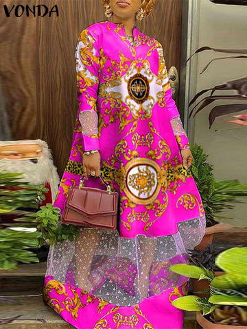 Image of Bohemian Women Party Sundress Casual Summer Dress Lace Patchwork Pleated V Neck Long Sleeve Polka Dot Oversize Robe-FrenzyAfricanFashion.com