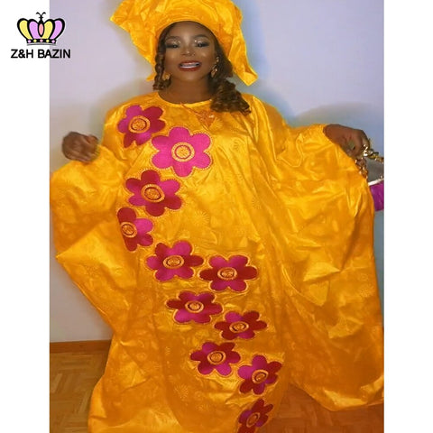 Image of African Dresses For Woman Plus Size Bazin Riche Robe Embroidery With Embroidery Original Basin Floor Long Dresses With Scarf-FrenzyAfricanFashion.com
