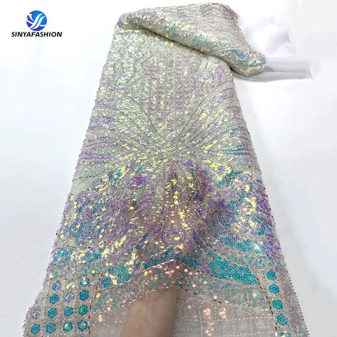 Image of High Quality African Nigerian French Tulle Fully Sequins Luxury Heavy Handmade Beaded Lace Fabric For DIY Wedding Dress-FrenzyAfricanFashion.com