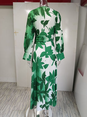 Dress for Women V-neck Long Sleeve High Waist Printing Long Women Clothing Fashion Elegance Sexy New Summer Dress Streetwear