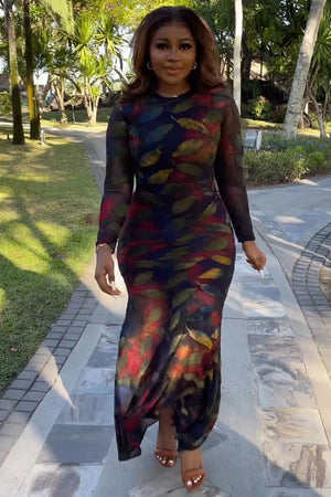 Women Long Sleeve Dress Plus Size O-Neck Slim Bodycon Autumn Casual Y2K Streetwear Vintage Printed  Long Dress