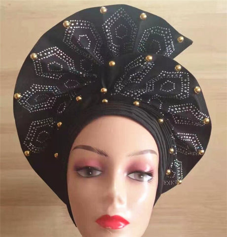 Image of African headtie nigerian gele headties with beads and stones women head wrap sewing fabric for party 1set-FrenzyAfricanFashion.com