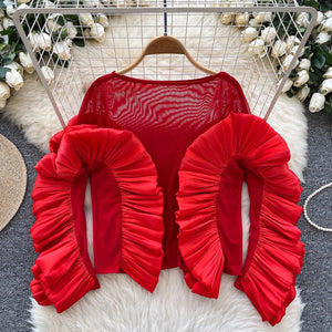 Basics Ruffle Spliced O-neck Vintage Long Sleeves Slim Mesh Top Office Lady Spring Autumn Women T-Shirts-FrenzyAfricanFashion.com