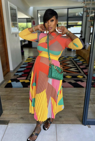 Image of Two-Piece Set Pleated Long Sleeve Round Neck Long Sleeve T-shirt and High Waist Skirt Mid Length-FrenzyAfricanFashion.com