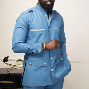 Men Suit Solid Color Button Jacket and Suit Pants 2 Piece Set Wedding-FrenzyAfricanFashion.com