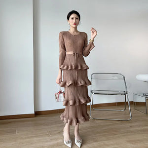 Pleat Dresses Autumn Mid-length Women's Black Dress