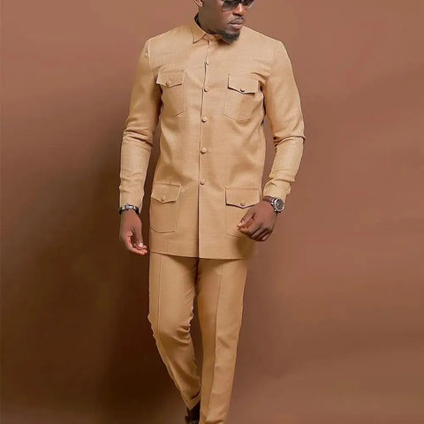 Image of Men Suit Solid Color Button Jacket and Suit Pants 2 Piece Set Wedding-FrenzyAfricanFashion.com