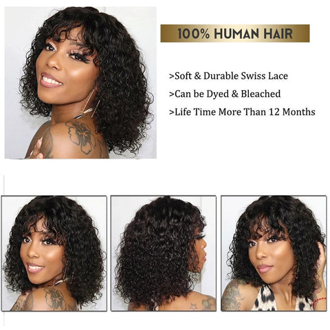 Image of Curly Human Hair Wigs For Women Human Hair Bob Wig Kinky Curly Wig With Bangs-FrenzyAfricanFashion.com
