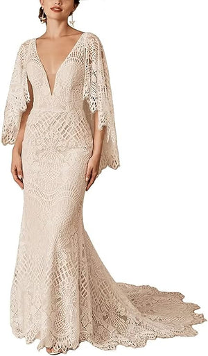 Boho Lace Bridal Dress Wedding Gown A Line-FrenzyAfricanFashion.com