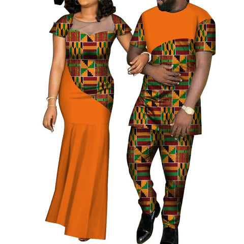 Image of Kente Afrik Orange Couple Clothing Outfit Set I LOVE YOU 2-FrenzyAfricanFashion.com