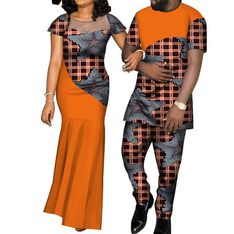 Image of Kente Afrik Orange Couple Clothing Outfit Set I LOVE YOU 2-FrenzyAfricanFashion.com