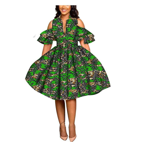 Image of Women Summer African Print Pleated Green Dress-FrenzyAfricanFashion.com