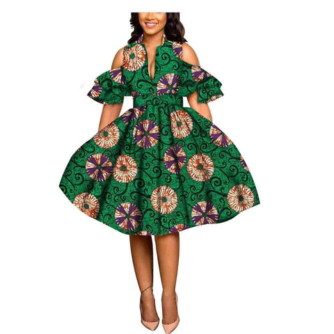 Image of Women Summer African Print Pleated Green Dress-FrenzyAfricanFashion.com