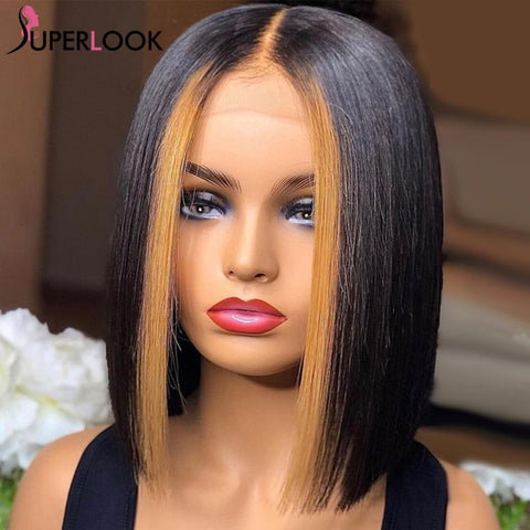 Image of Highlight T-Part Lace Bob Wig, Pre-Plucked Peruvian Remy Straight Human Hair-FrenzyAfricanFashion.com