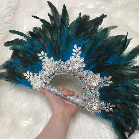 Image of Feathers Hand fan African Dance Wedding Fan with Sequined Beaded-FrenzyAfricanFashion.com