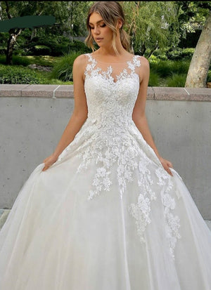 Wedding Dress A-Line O-Neck Illusion Button Tulle Bridal Gown-FrenzyAfricanFashion.com