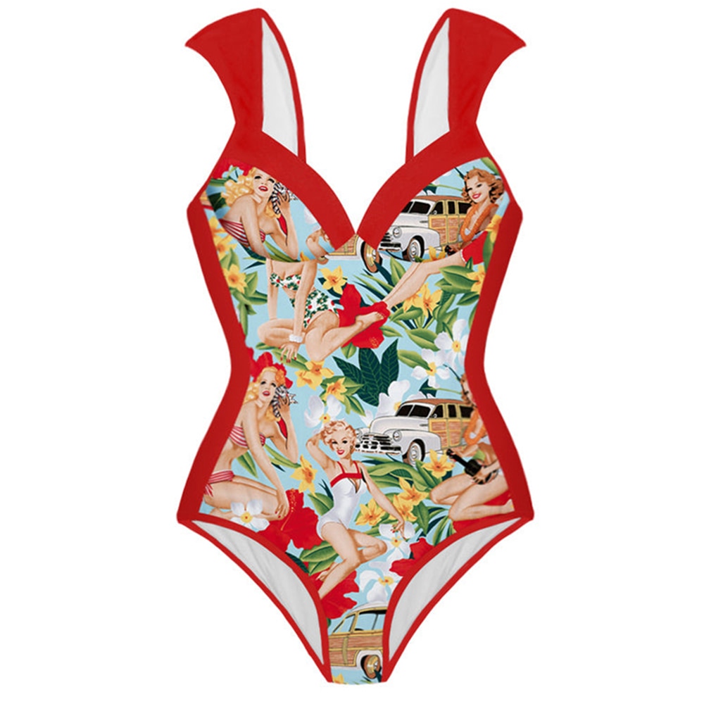 Retro Swimwear Women Printed Bikini Red One-piece Swimsuit Bathing Suit Summer Skirt Beach Wear Plus Size Luxury-FrenzyAfricanFashion.com