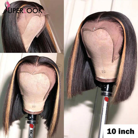 Image of Highlight T-Part Lace Bob Wig, Pre-Plucked Peruvian Remy Straight Human Hair-FrenzyAfricanFashion.com
