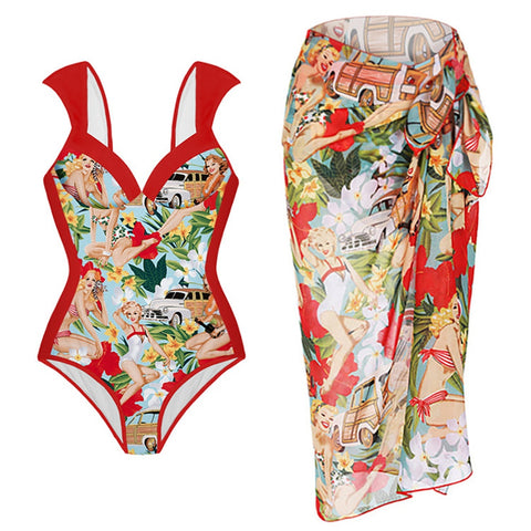 Image of Retro Swimwear Women Printed Bikini Red One-piece Swimsuit Bathing Suit Summer Skirt Beach Wear Plus Size Luxury-FrenzyAfricanFashion.com