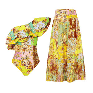 Swimsuit with Skirt Gold Asymmetrical Bathing Suit Summer Surf Wear-FrenzyAfricanFashion.com