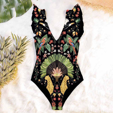 Image of Deep V-Neck Ruffle Print One-Piece Swimsuit High Waist-FrenzyAfricanFashion.com