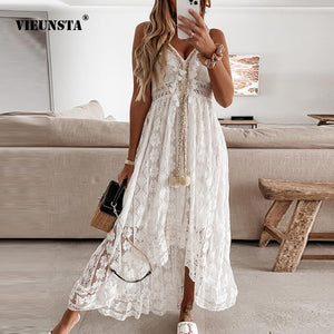 Off Shoulder Lace Patchwork Elegant Dress Women Summer 2021 V Neck Spaghetti Strap Dress Female New Fashion Solid Party Dresses-FrenzyAfricanFashion.com