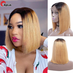 Straight Short Bob Human Hair Wigs Brazilian Ombre Blonde Bob Wig Lace Front Human Hair Wigs Blunt Cut Bob Wigs For Black Women-FrenzyAfricanFashion.com