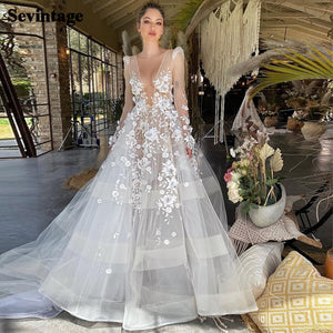 Boho Wedding Dresses Lace Appliques Long sleeves V-Neck Bride Dress 3D Flowers A-Line Wedding Gown Plus Size-FrenzyAfricanFashion.com