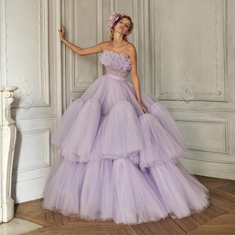 Image of Lavender Purple Ball Gown Dress Beaded Ruffles Dress Lush Tulle Dress For Women Fluffy Prom Dresses Soft Wedding Dress For Bride-FrenzyAfricanFashion.com