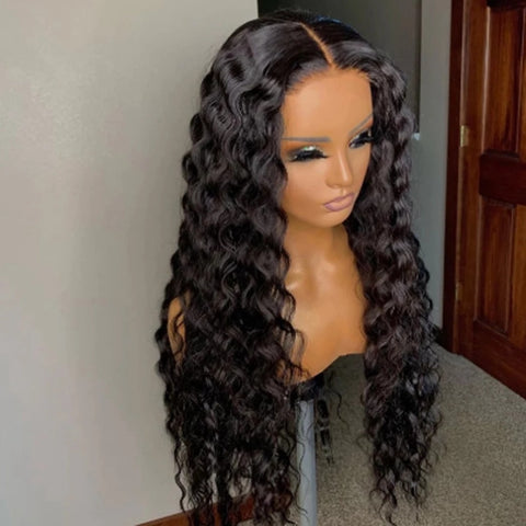 Image of Kryssma Natural Black Loose Deep Lace Front Wig Long Glueless Deep Wave Frontal Wig High Temperature Synthetic Hair For Women-FrenzyAfricanFashion.com