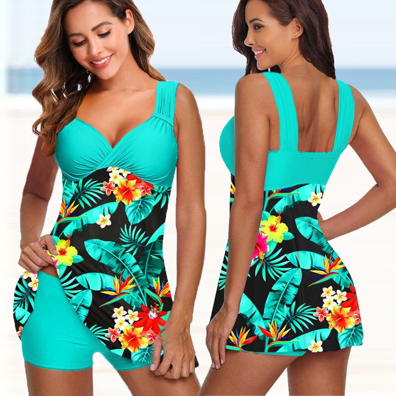 Plus Size Two-Piece Swimwear Women's Flower Print Summer Large Bathing Suits Tankini Beachwear Bikini Swimdress-FrenzyAfricanFashion.com