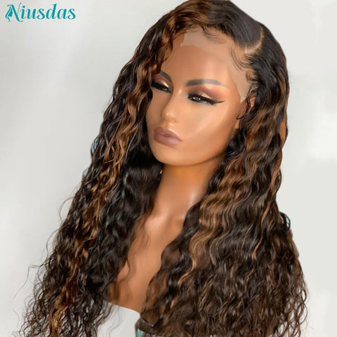 Image of Highlight Wig Human Hair Wigs Water Wave Lace Front Wig 4*4 Closure Wigs For Women Human Hair Niusdas Lace Wigs 150% Density-FrenzyAfricanFashion.com