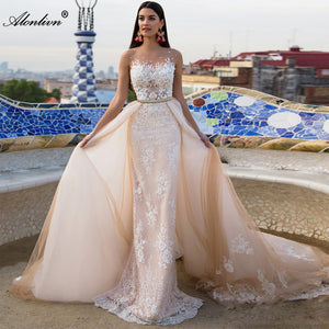 Elegant 2 In 1 Wedding Dress Champagne Tulle With Gold Belt Removable Train Appliques Lace Sleeveless Bridal Gowns-FrenzyAfricanFashion.com