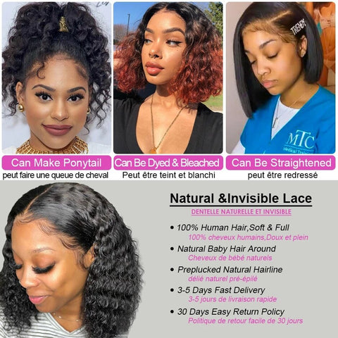 Image of Deep Wave 4x4 Lace Closure Pre Plucked Short Bob Lace Frontal Wigs-FrenzyAfricanFashion.com