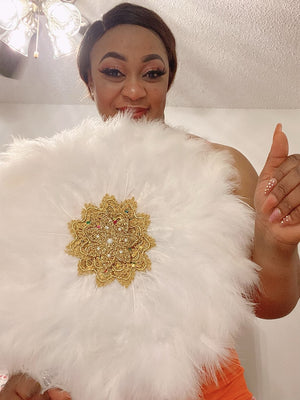 White Turkey Feather Fan and Gold Handle Nigerian Dance Brides-FrenzyAfricanFashion.com