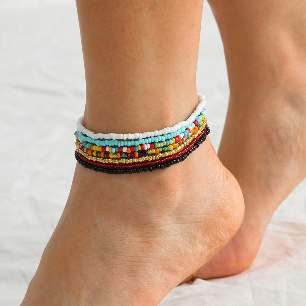 Bohemian Beaded Chain Elastic Anklet Bracelet-FrenzyAfricanFashion.com