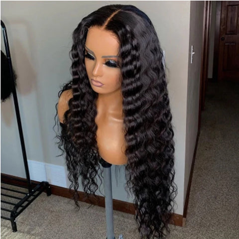Image of Kryssma Natural Black Loose Deep Lace Front Wig Long Glueless Deep Wave Frontal Wig High Temperature Synthetic Hair For Women-FrenzyAfricanFashion.com