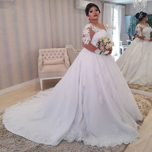 Lace Wedding Dress Plus Size Illusion Long Sleeve Pearls Beading Appliques White Bridal Gowns-FrenzyAfricanFashion.com