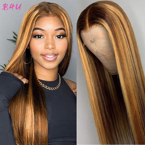 Human Hair Honey Blonde Transparent Lace Wigs T Part Brazilian Bone Straight Lace Front-FrenzyAfricanFashion.com