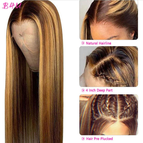 Image of Human Hair Honey Blonde Transparent Lace Wigs T Part Brazilian Bone Straight Lace Front-FrenzyAfricanFashion.com