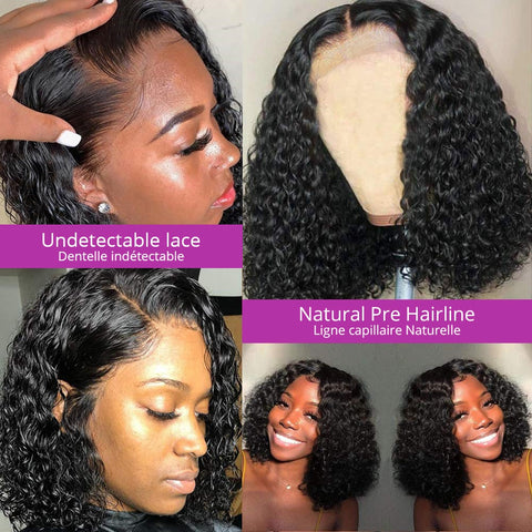 Image of Short Curly Bob Wig Brazilian 13X1 Lace Human Hair Wigs 4X4 Closure Wig Pre Plucked Remy Deep Wave 5x1 T Part Lace Wig For Women-FrenzyAfricanFashion.com