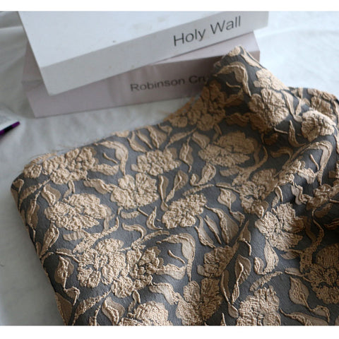 Image of Vintage Embroidery Woven Flower Dark Gray Background Jacquard Fashion Fabric-FrenzyAfricanFashion.com