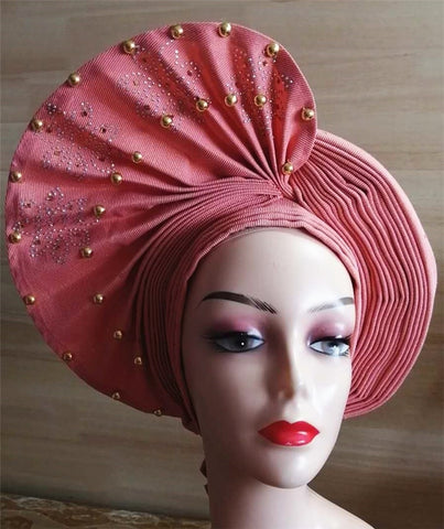 Image of nigerian aso oke with beads women turban shawl african headties-FrenzyAfricanFashion.com