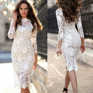 Fashion Designer White Lace Party dress Women Sexy Long Sleeve Lace Crochet Hollow Out Slim Bodycon Dress-FrenzyAfricanFashion.com