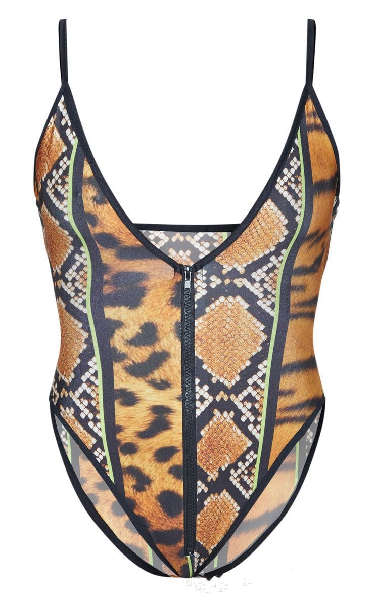 One Piece Swimsuit Leopard Snakeskin Print Plus Size Swimwear Women Bodysuit Bathing Suit-FrenzyAfricanFashion.com